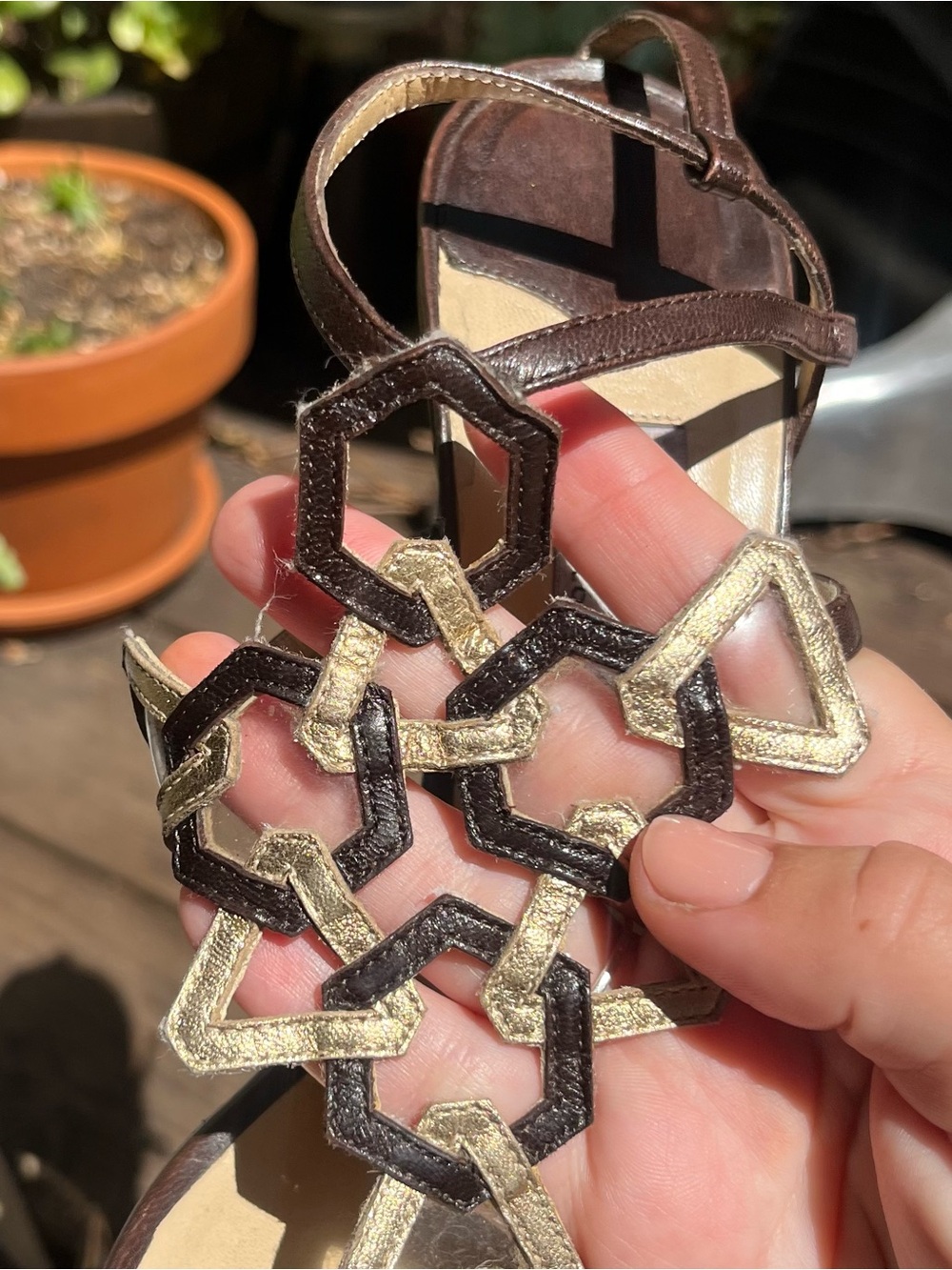Vintage Jimmy Choo Y2K Brown and Gold Geometric T-Strap Strappy Sandal Heels - Picture 2 of 6
